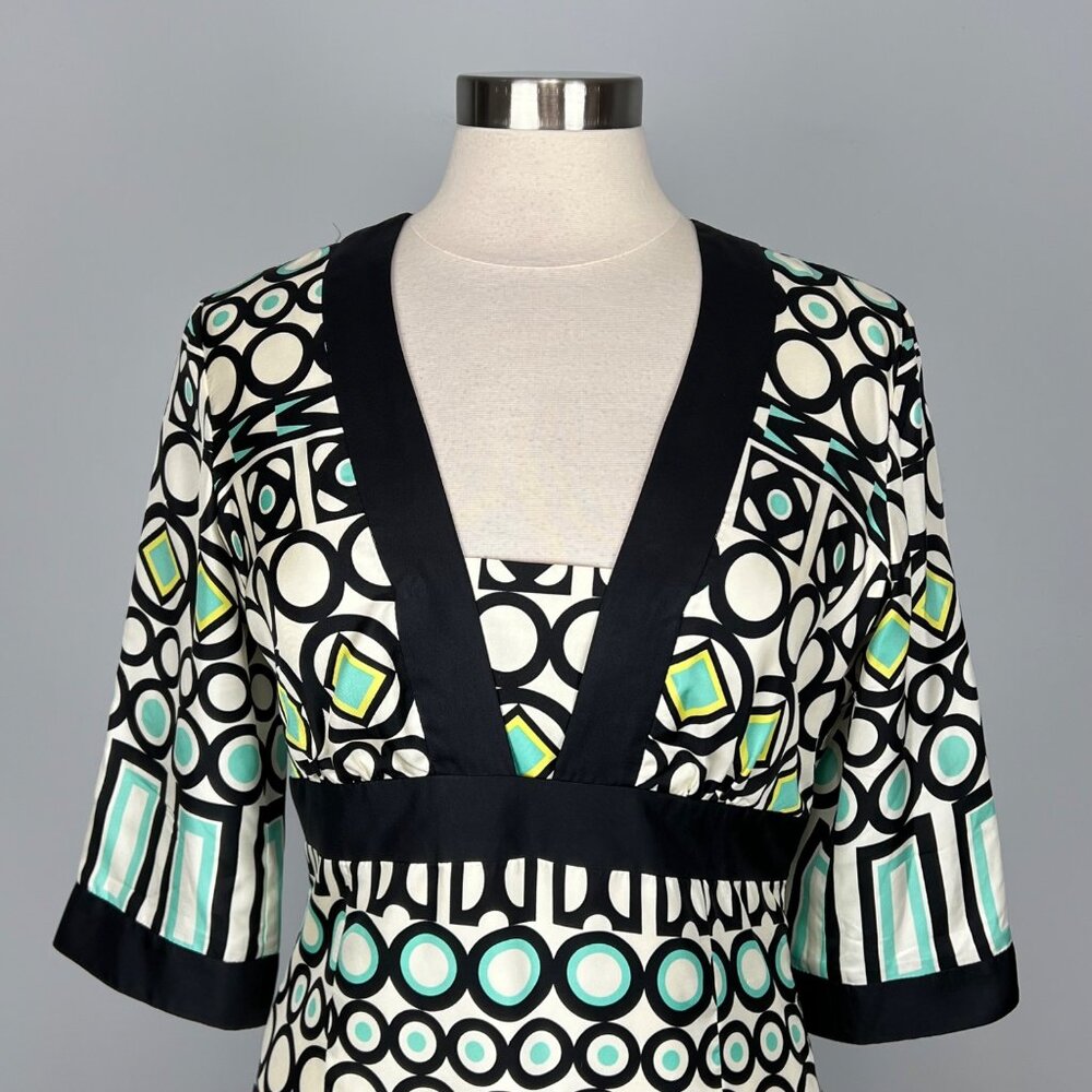 Milly New York Womens Silk Geometric Print Dress Ivory Black Aqua Blue size 10 - Picture 2 of 12